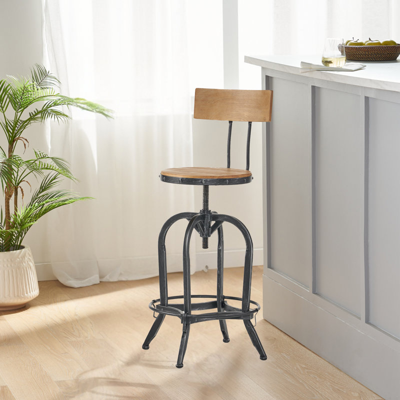 Vintage Adjustable Barstool With Swivel Feature Fir Wood Seat And Sturdy Metal Legs